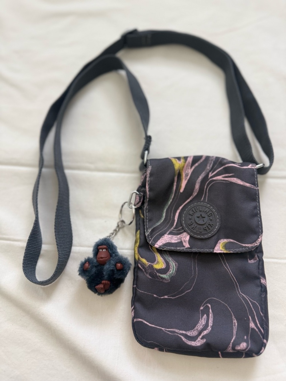 Kipling Crossbody Bag Mini Nylon Marble Print Monkey Keychain Small